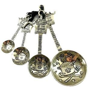 Queen of the Kitchen 4 Piece Set Silver Measuring Spoons Baking Cooking Design